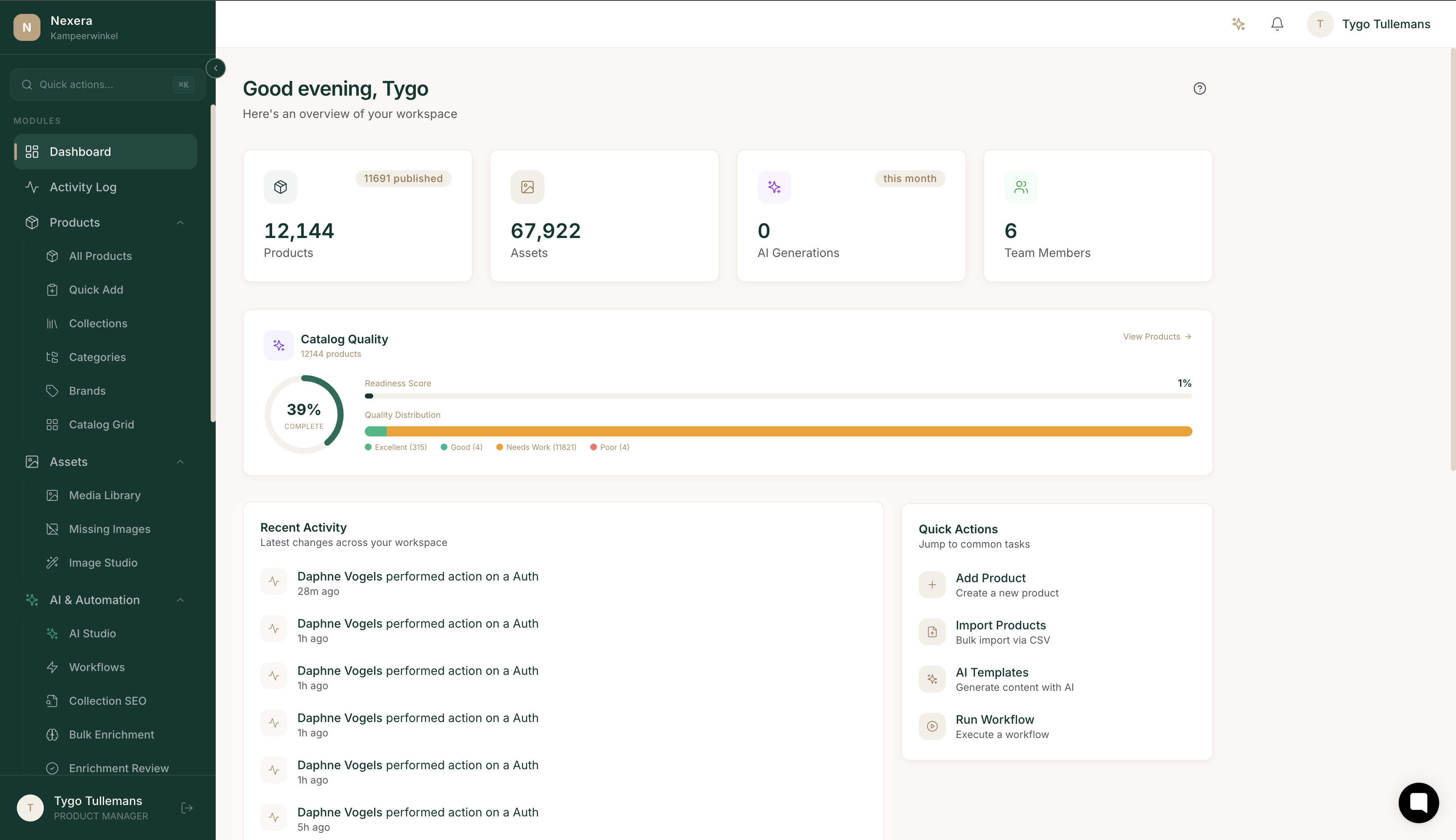 NEXERA dashboard, Kampeerwinkel, 12,128 products, 67,922 assets, 6 team members, catalog quality 39%, with recent activity feed and quick actions